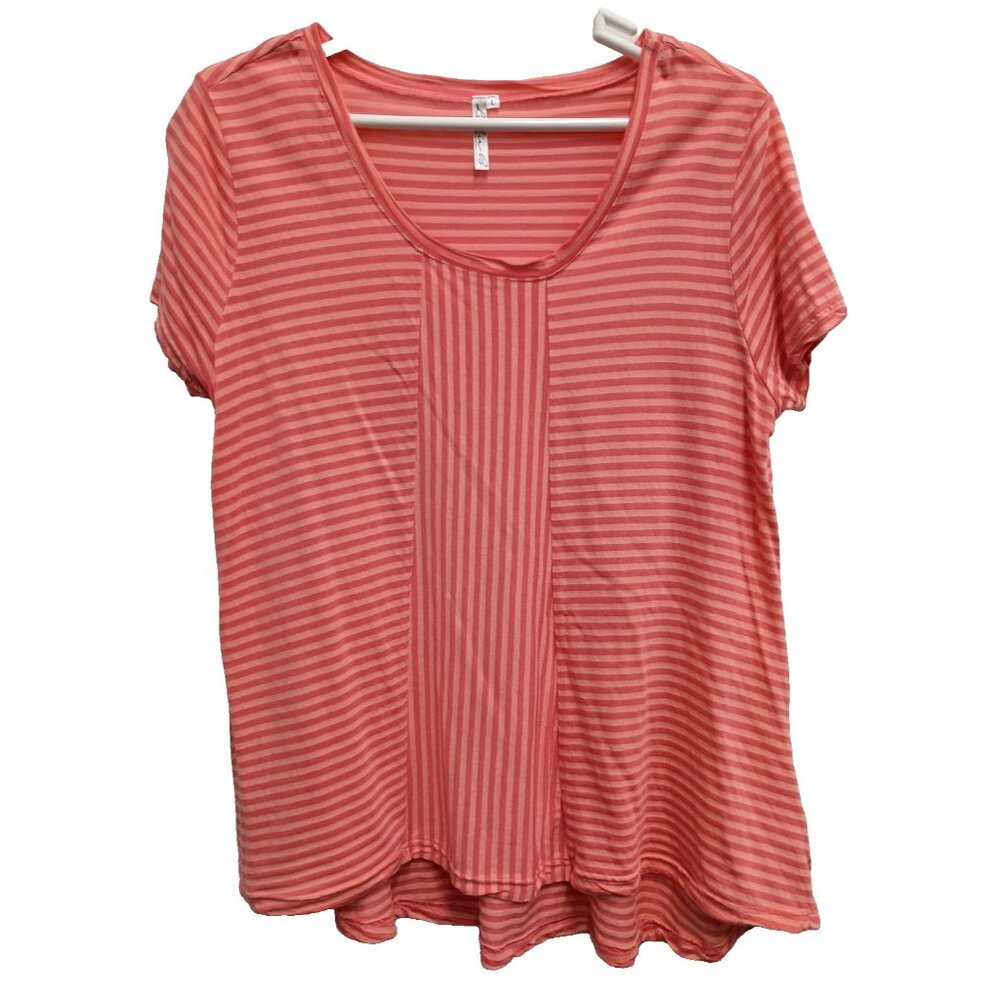 Lulu B Womens Lagenlook Tunic Top Large Coral Striped Short Sleeve Vacation Tee